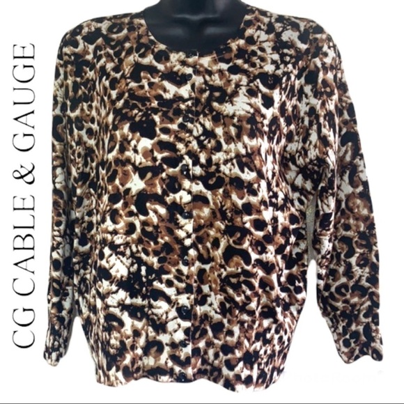Cable&Gauge Brown/Cream Animal Print Cardigan/Sweater Size L - Picture 2 of 12